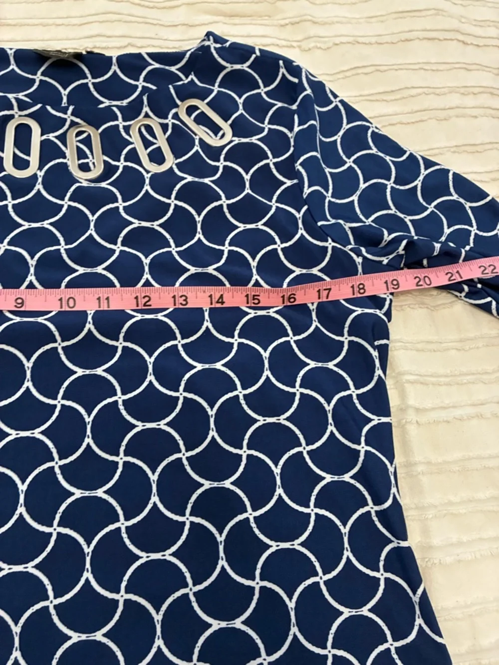 Navy & White Geometric Tunic with metal Accent Neckline. Flattering Feminine - Picture 9 of 11